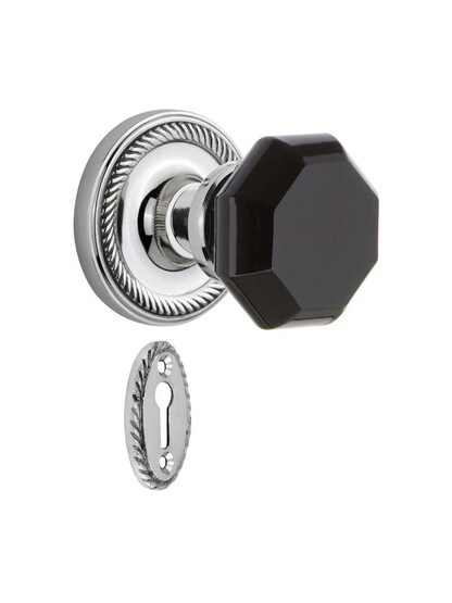Rope Rosette Mortise Lock Set with Colored Waldorf Crystal Glass Knobs Black in Polished Chrome.